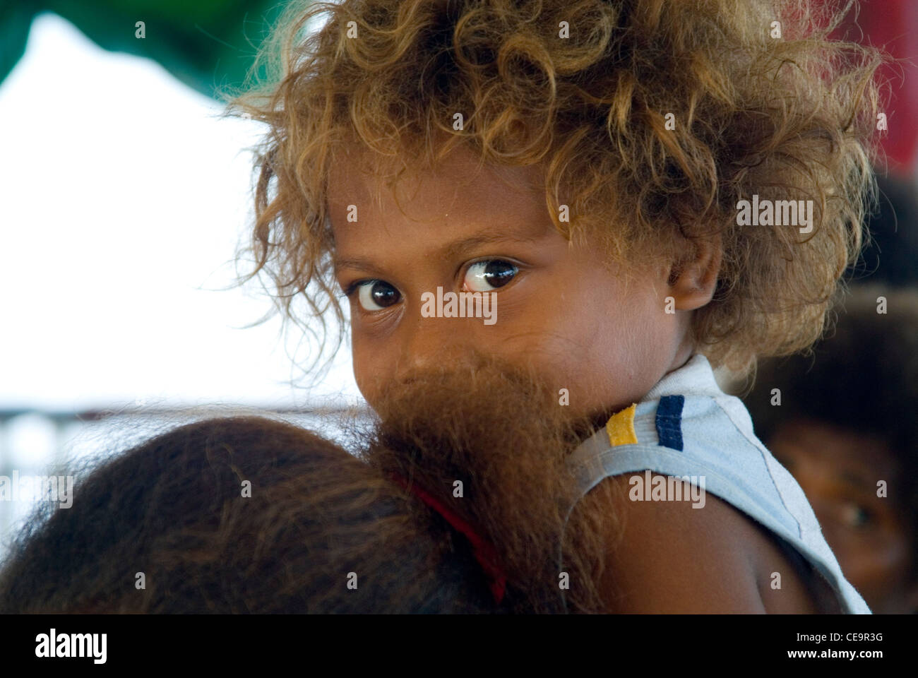 Infant passenger aboard an inter-island steamer, Western Province, Solomon Islands Stock Photo