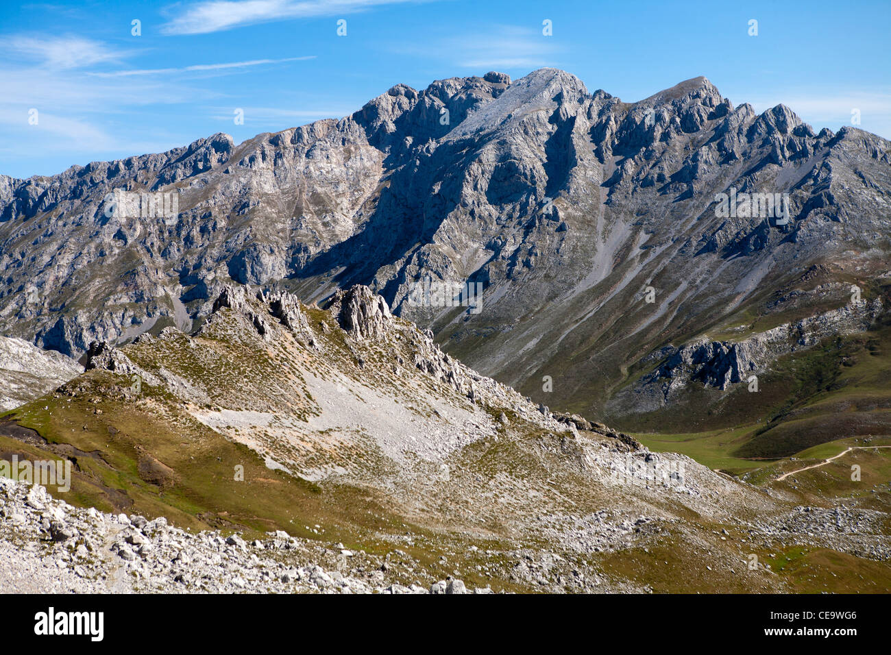 View to the eastern massif of the Picos de Europa near Aliva Stock Photo