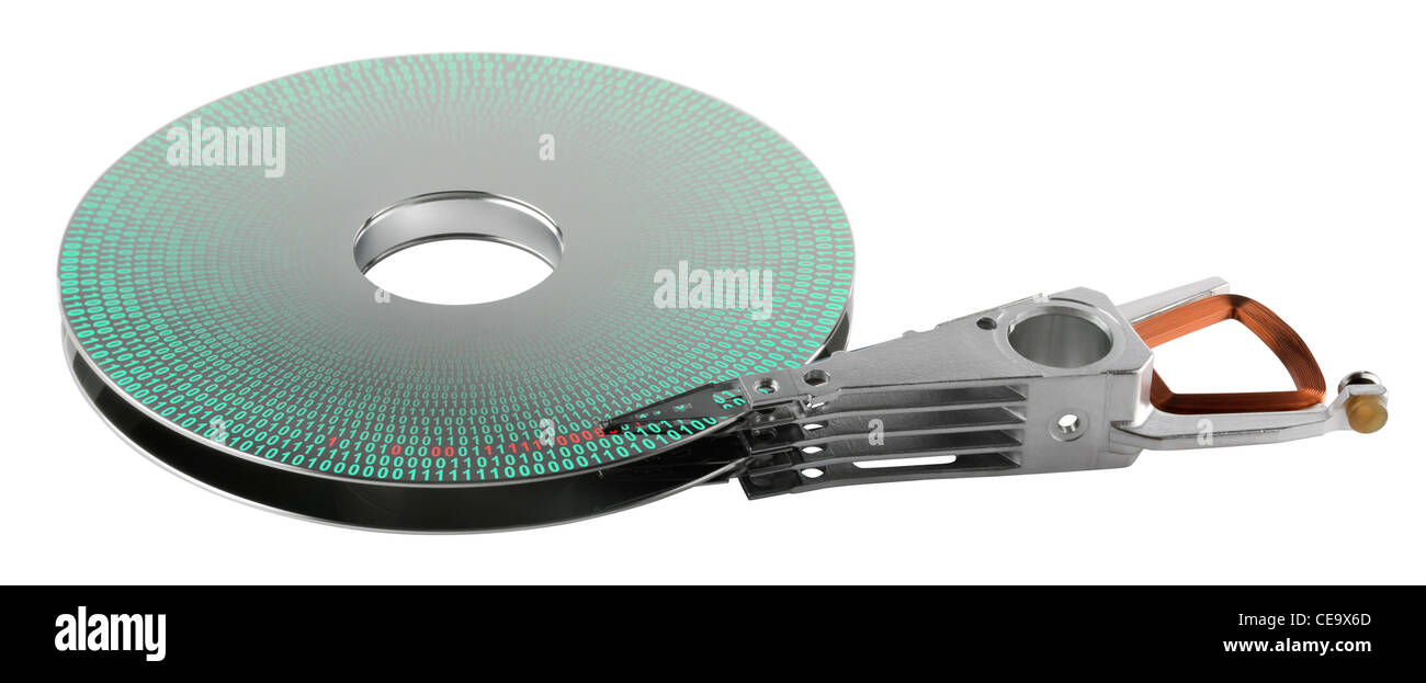 detail shot of a separated hard disk platter with actuator arm in white back. Allegory theme around data processing Stock Photo