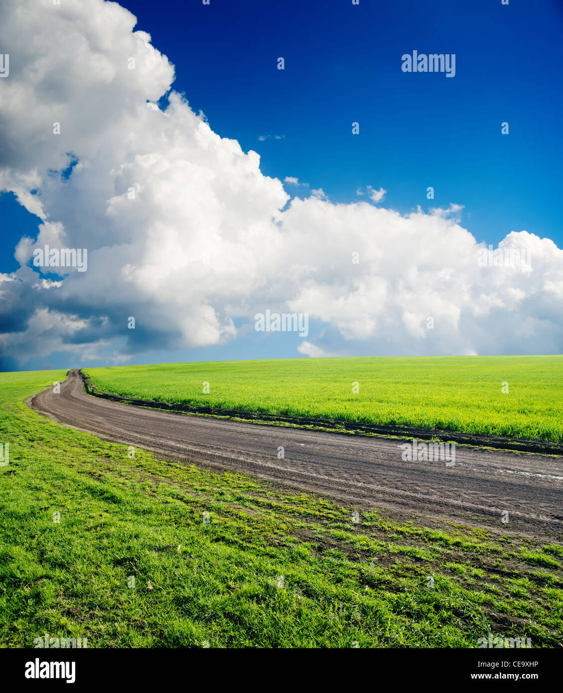 dirty road in green field under cloudy sky Stock Photo - Alamy