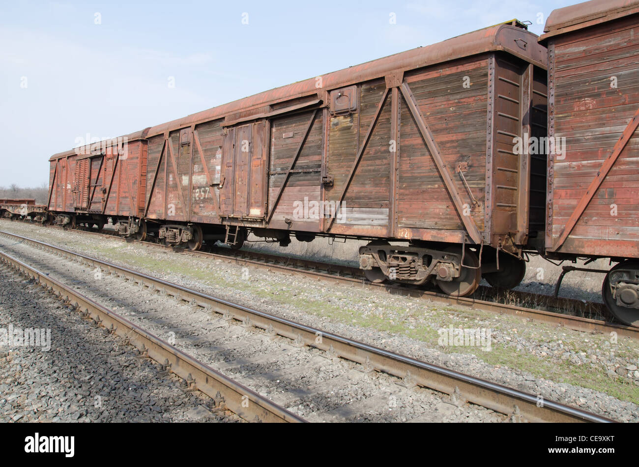 old rusty train wagons on railway Stock Photo