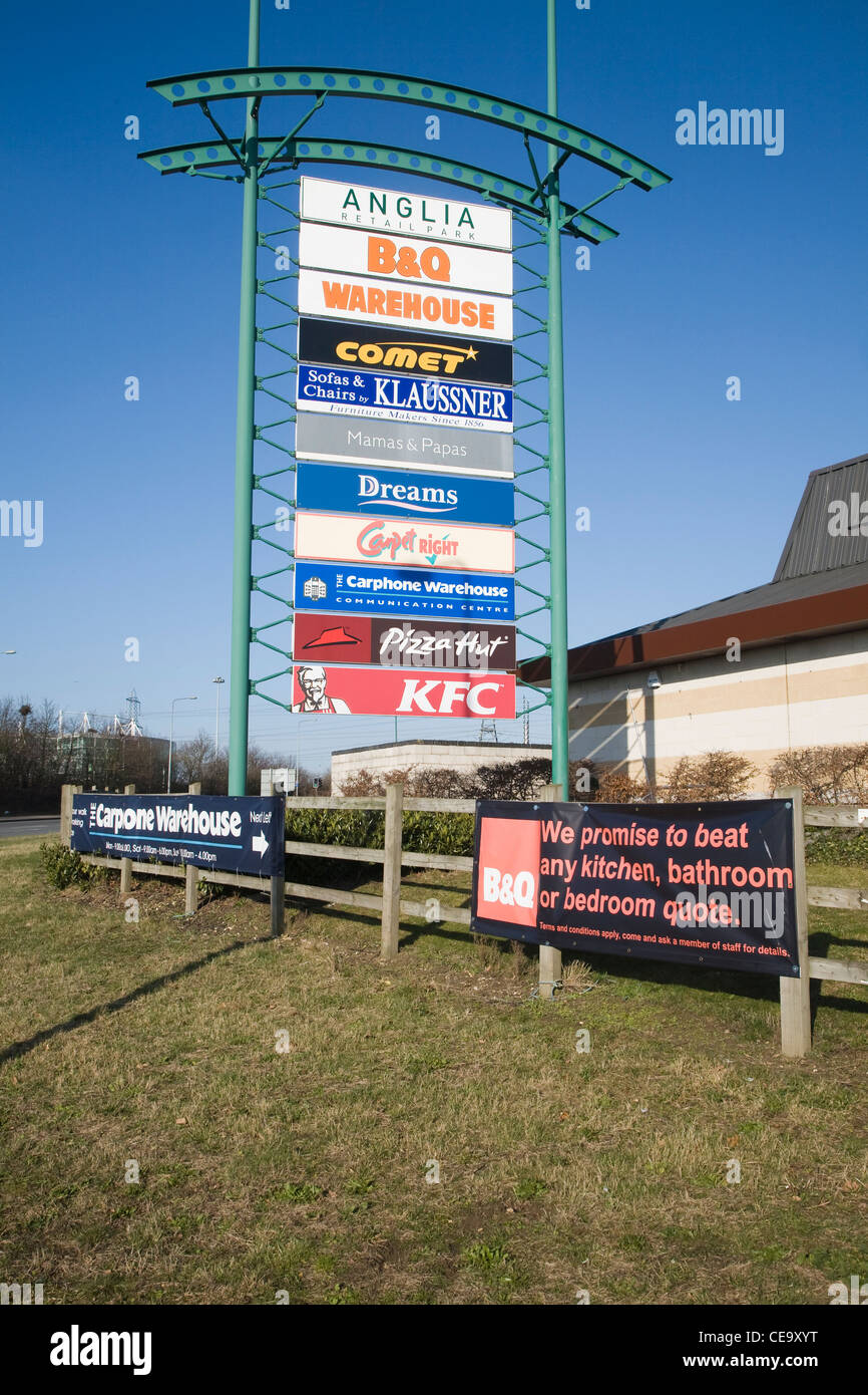 Sign listing shops Anglia Retail Park, Ipswich, Suffolk, England Stock