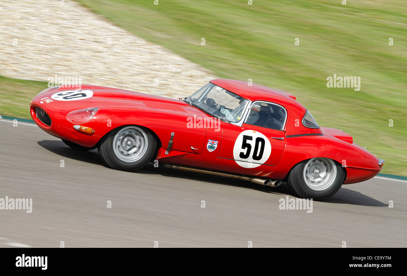 1961 Jaguar E-Type 'semi-lightweight' during the Fordwater Trophy race at the 2011 Goodwood Revival, Sussex, UK. Stock Photo
