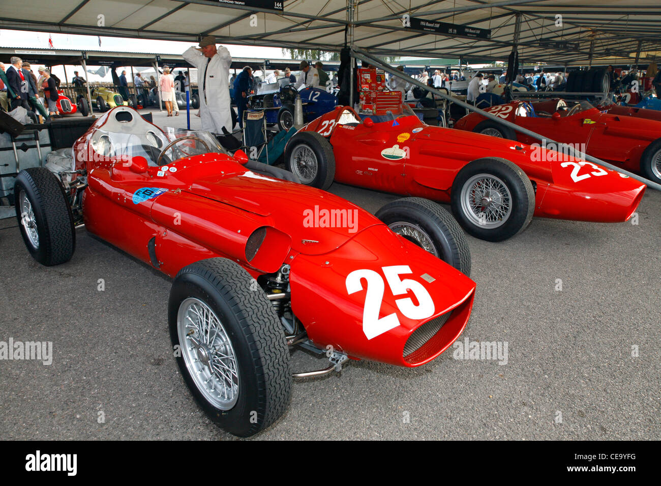 1959 Tecnica Meccanica Maserati 250F and 1957 Maserati 250F in the paddock at the 2011 Goodwood Revival, Sussex, UK. Stock Photo