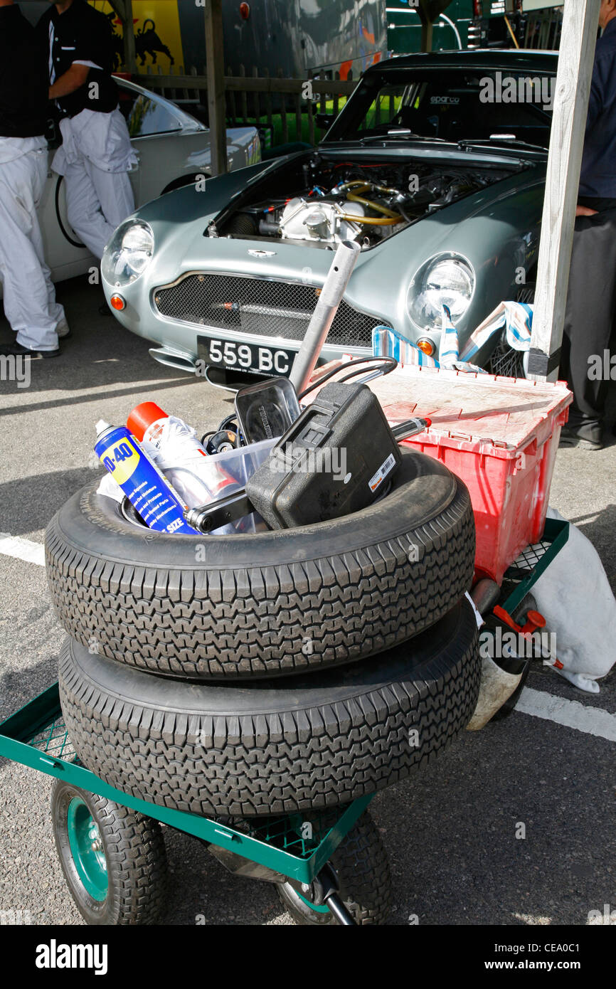 Tyres and tools at the Aston Martin paddock bays. 2011 Goodwood Revival