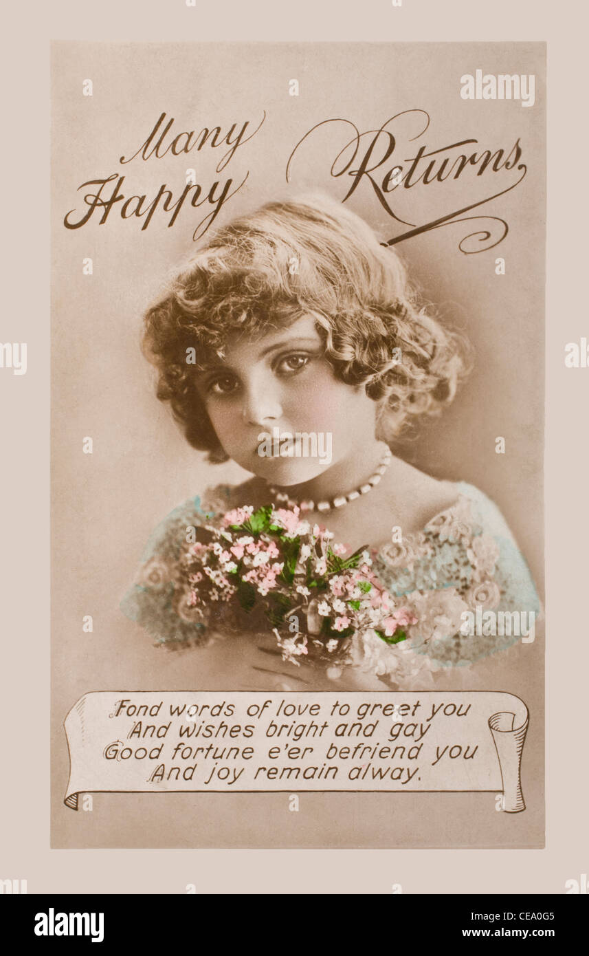 1920&rsquo;s Birthday Card in the form of a postcard. Hand painted image of