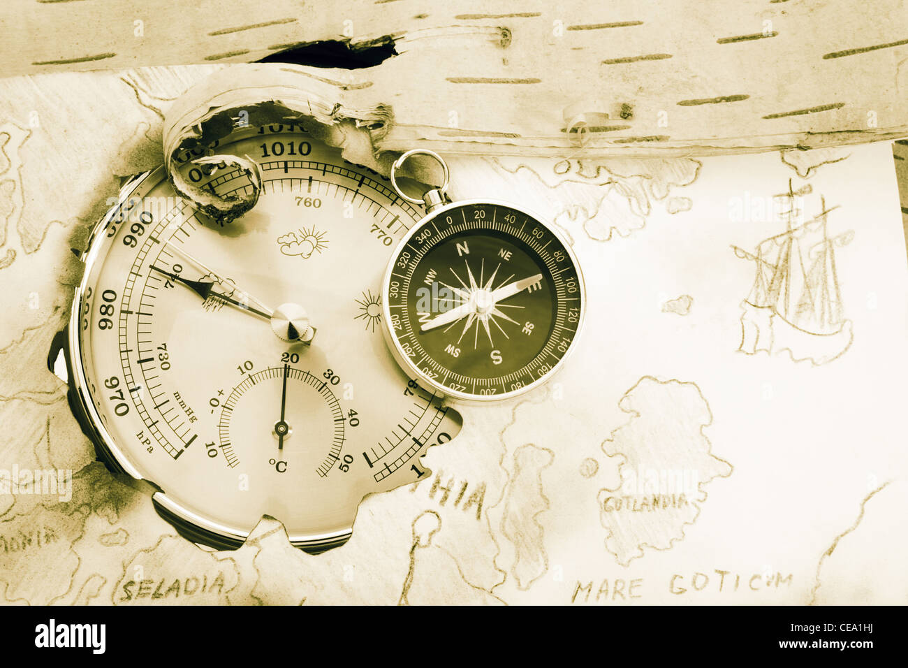Compass, barometer and old navigating chart of North Europe Stock Photo