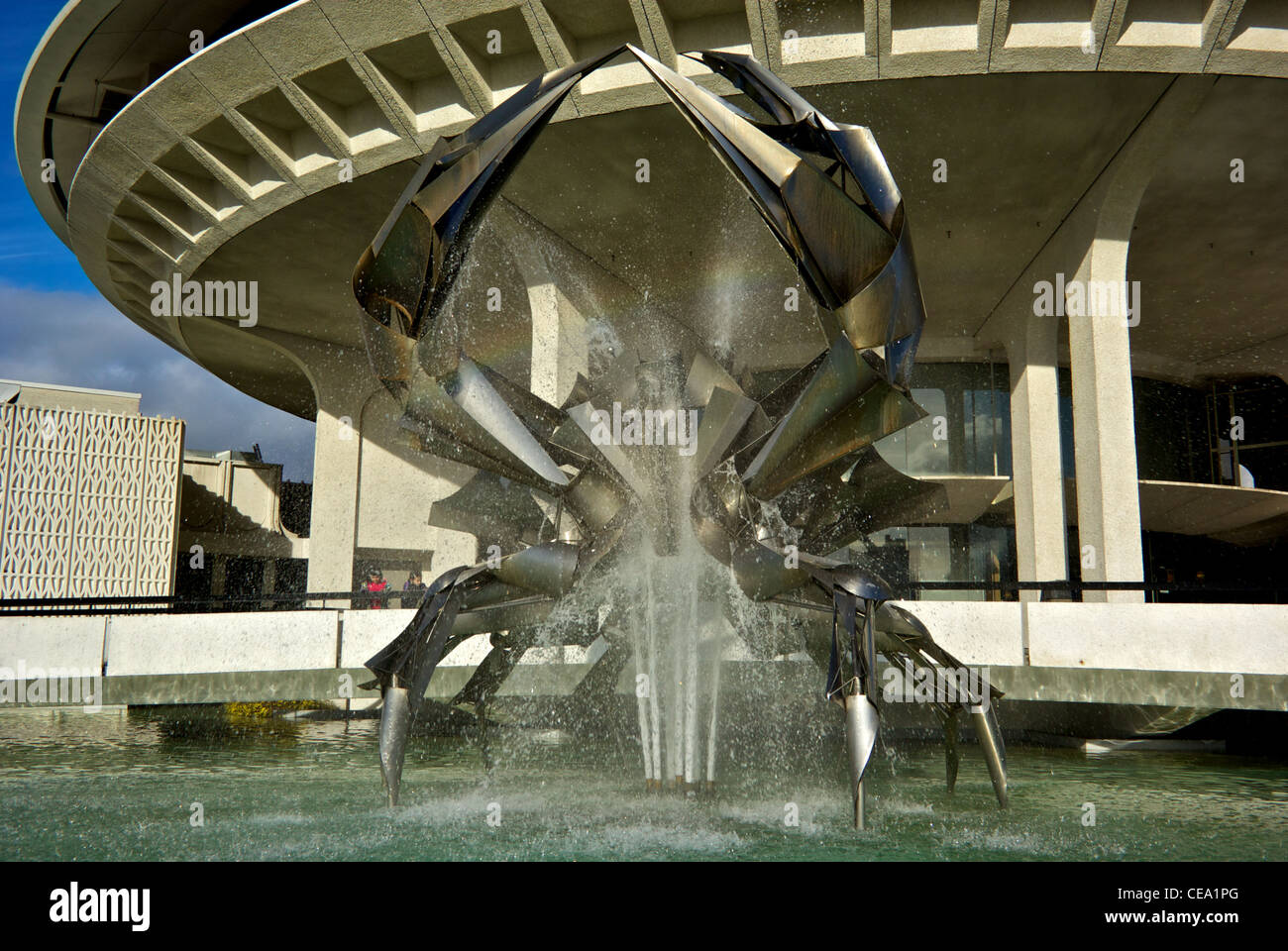 Stainless steel crab scuplture pool fountain spray Vancouver Planetarium Vanier Park Stock Photo