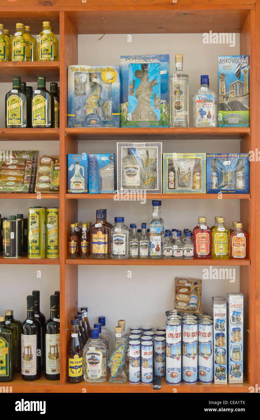 Greek Shop Greek souvenir produce on display outside a shop in Lindos, Rhodes ...
