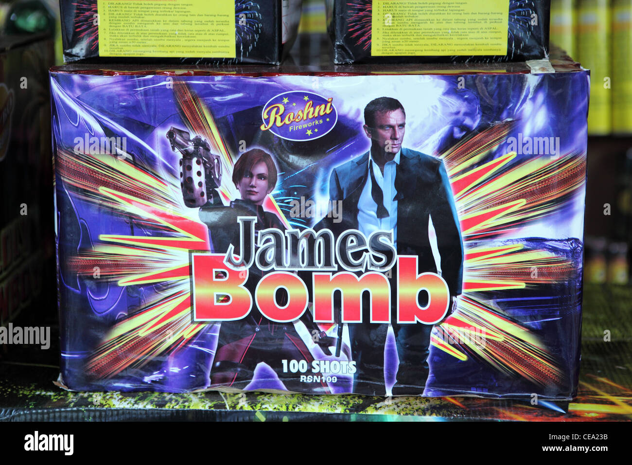 James Bomb (James Bond 007, Daniel Craig) firecrackers for sale on street stall. Medan, North Sumatra, Indonesia, Southeast Asia Stock Photo