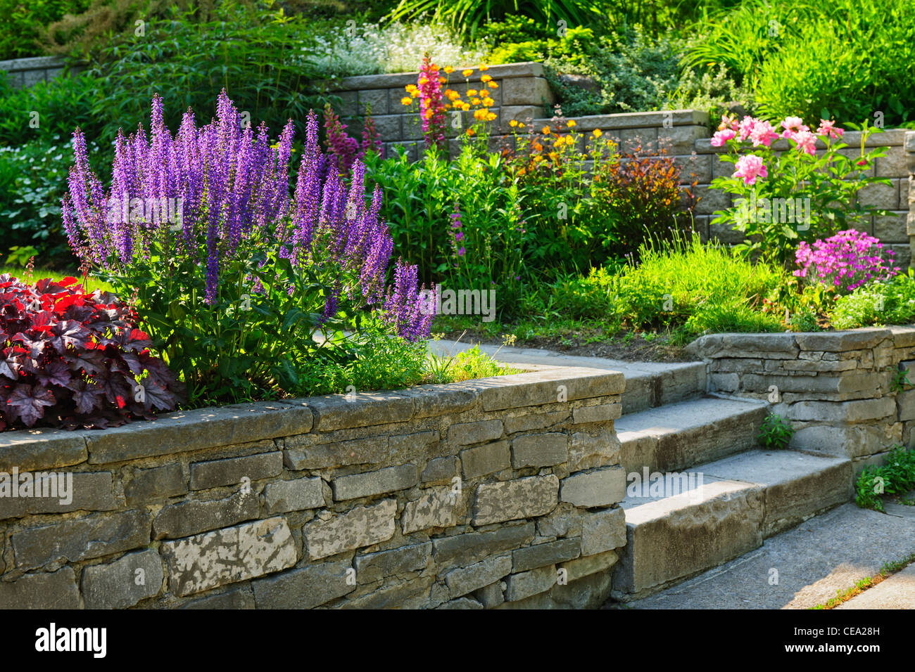 Natural stone landscaping in home garden with steps and flowerbeds Stock Photo