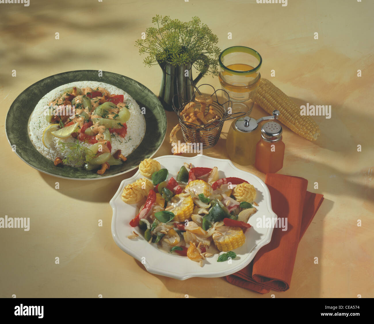 Tableau: Stew cucumber ragout with rice / spicy sweet pepper - corn ...