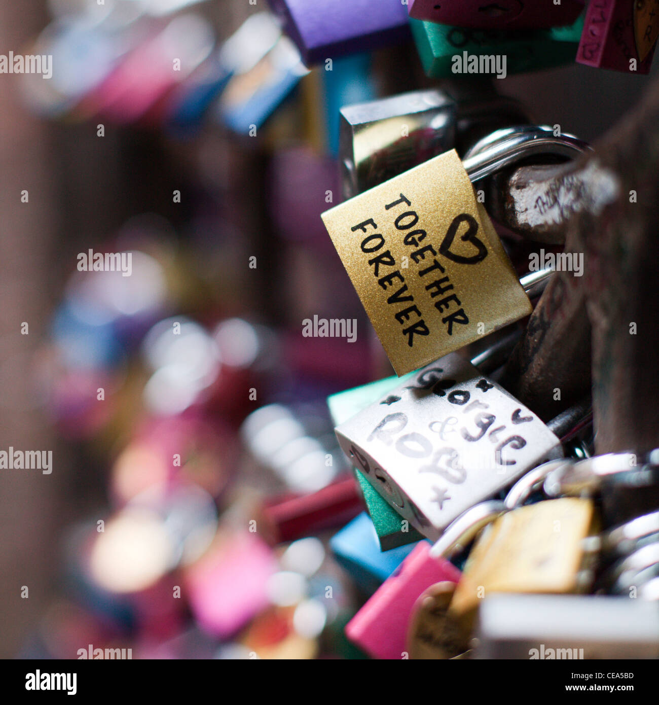 Love padlocks with 'Together Forever' written on one, in the courtyard below Romeo & Juliet's balcony. Verona, Italy. Stock Photo