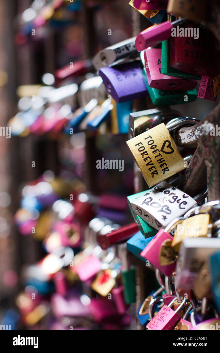 Love padlocks with "Together Forever" written on one, in the courtyard below Romeo & Juliet's