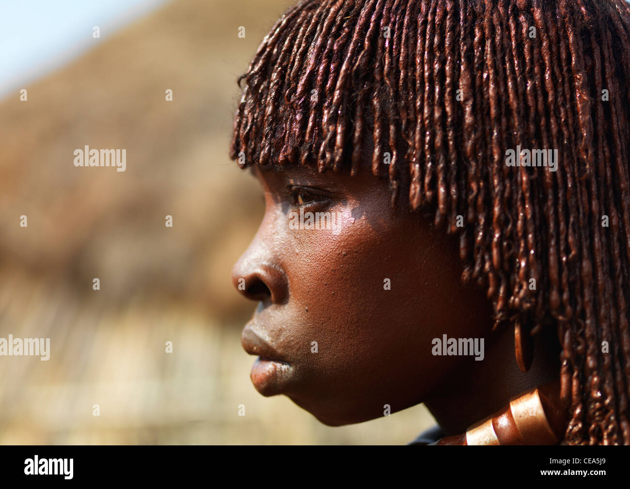 Profile Of Hamer Woman With Ochred Woven Hair Omo Valley Ethiopia Stock Photo