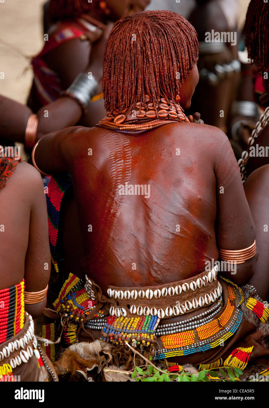 Scarified Hamer Woman Ochred Back Flogged During Bull Jump Ceremony Ethiopia Stock Photo