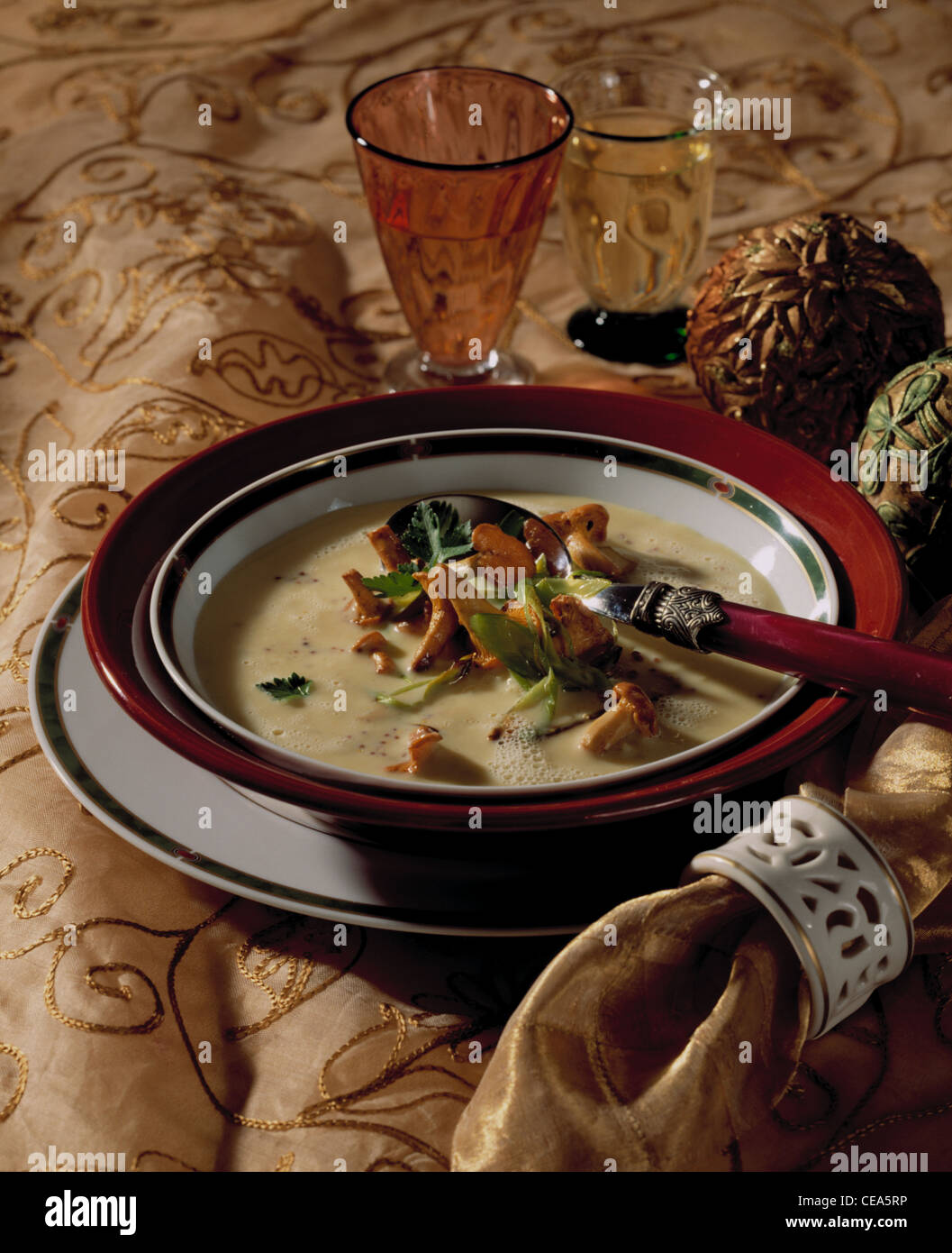 Mustard cream soup with chanterelle Stock Photo
