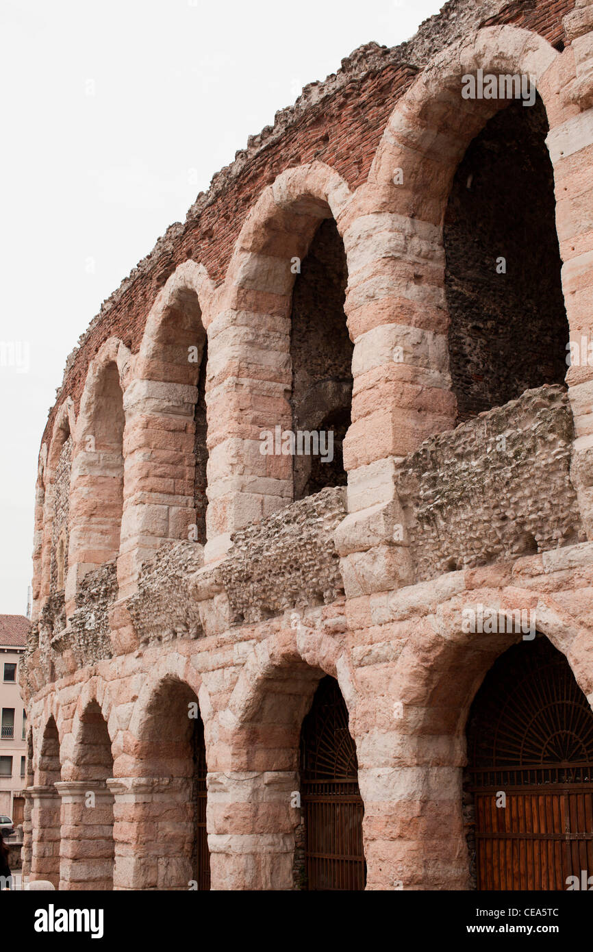 The exterior arches of the historic Roman arena in Verona, Italy. Stock Photo