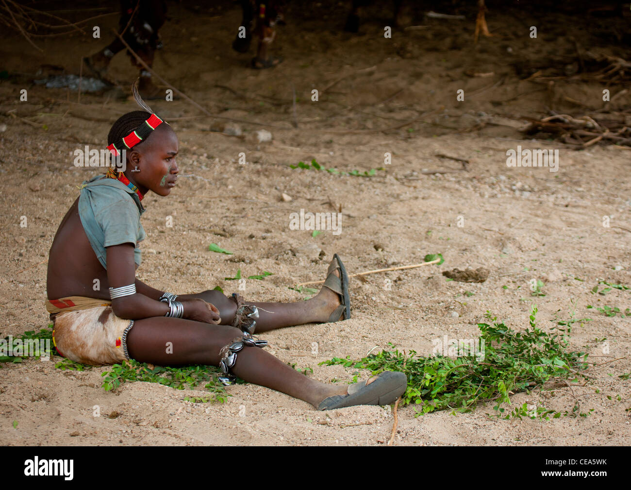 Hamer People Celebrating Bull Jumping Ceremony By Traditional Ritual Dances And Music Omo Valley Ethiopia Stock Photo