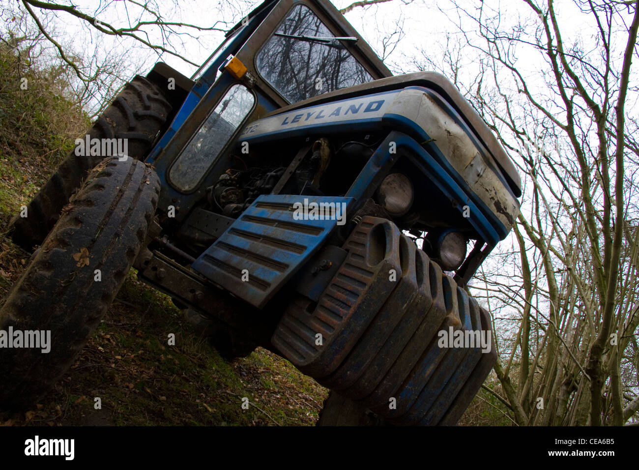 A classic old Leyland tractor stands abandoned and rusting in a woodland Stock Photo