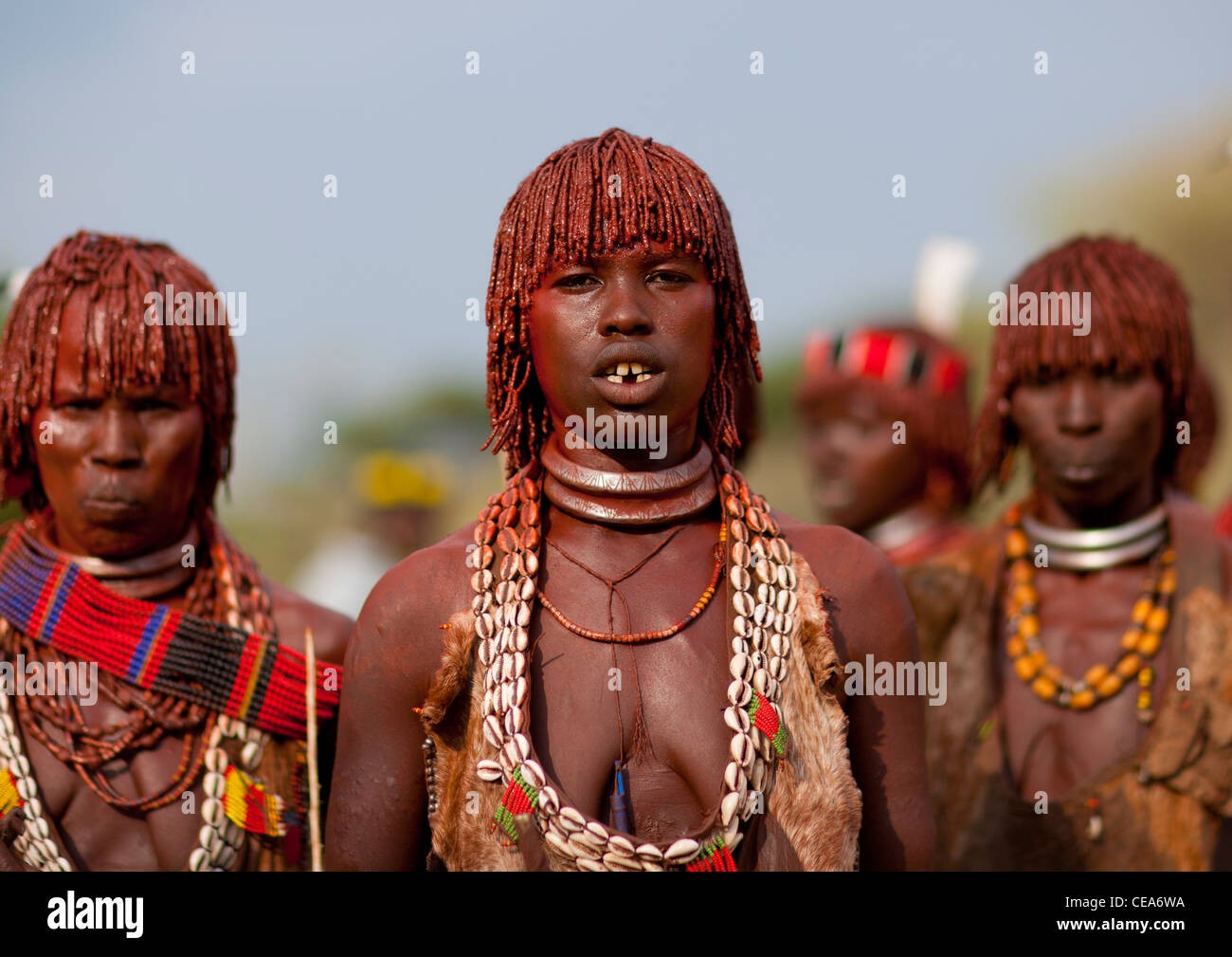 Hamer Women Celebrating Bull Jumping Ceremony By Traditional Ritual Dances And Music Omo Valley Ethiopia Stock Photo