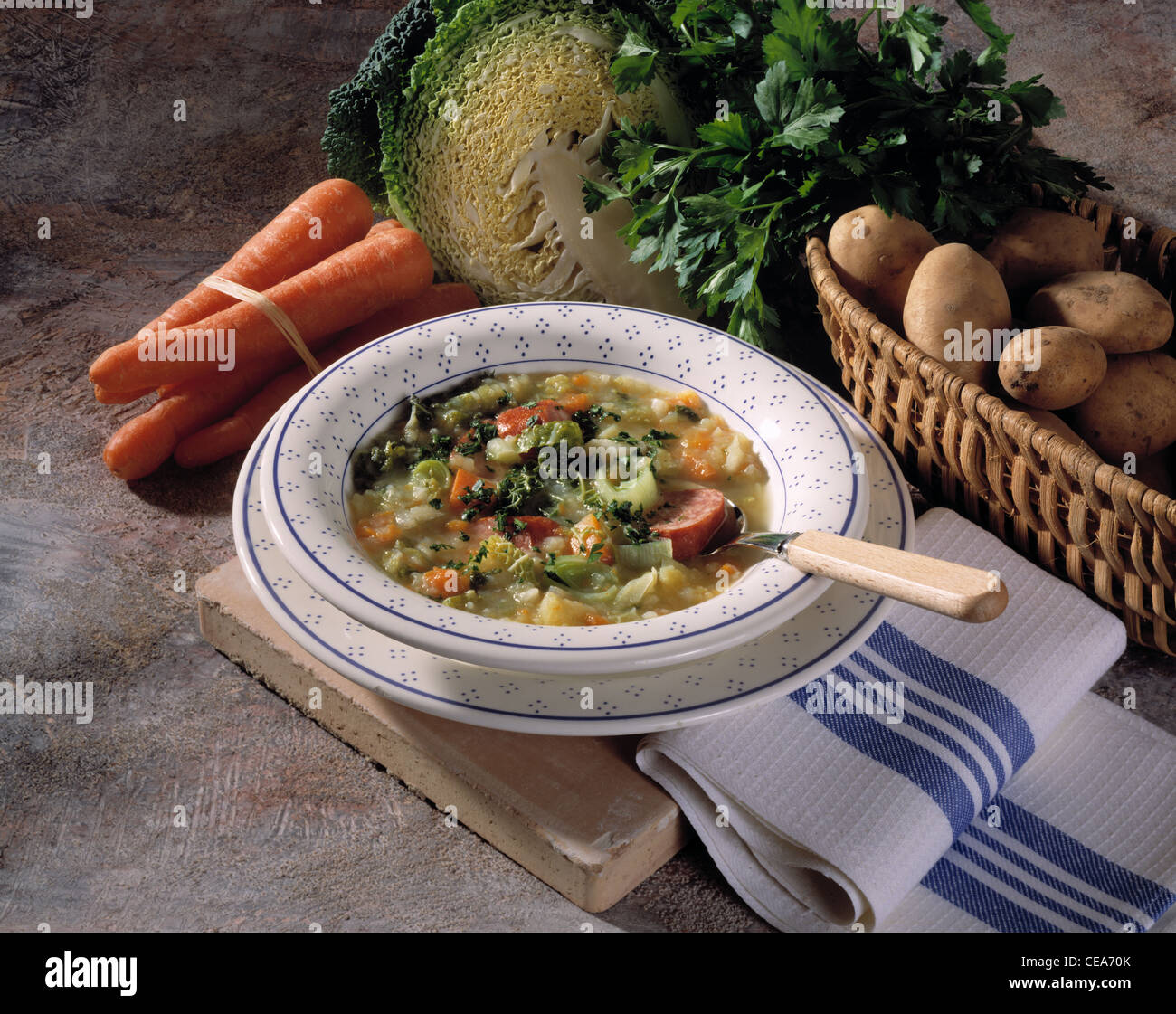 Vegetable soup with sausages ('Pitter and Jupp') Stock Photo