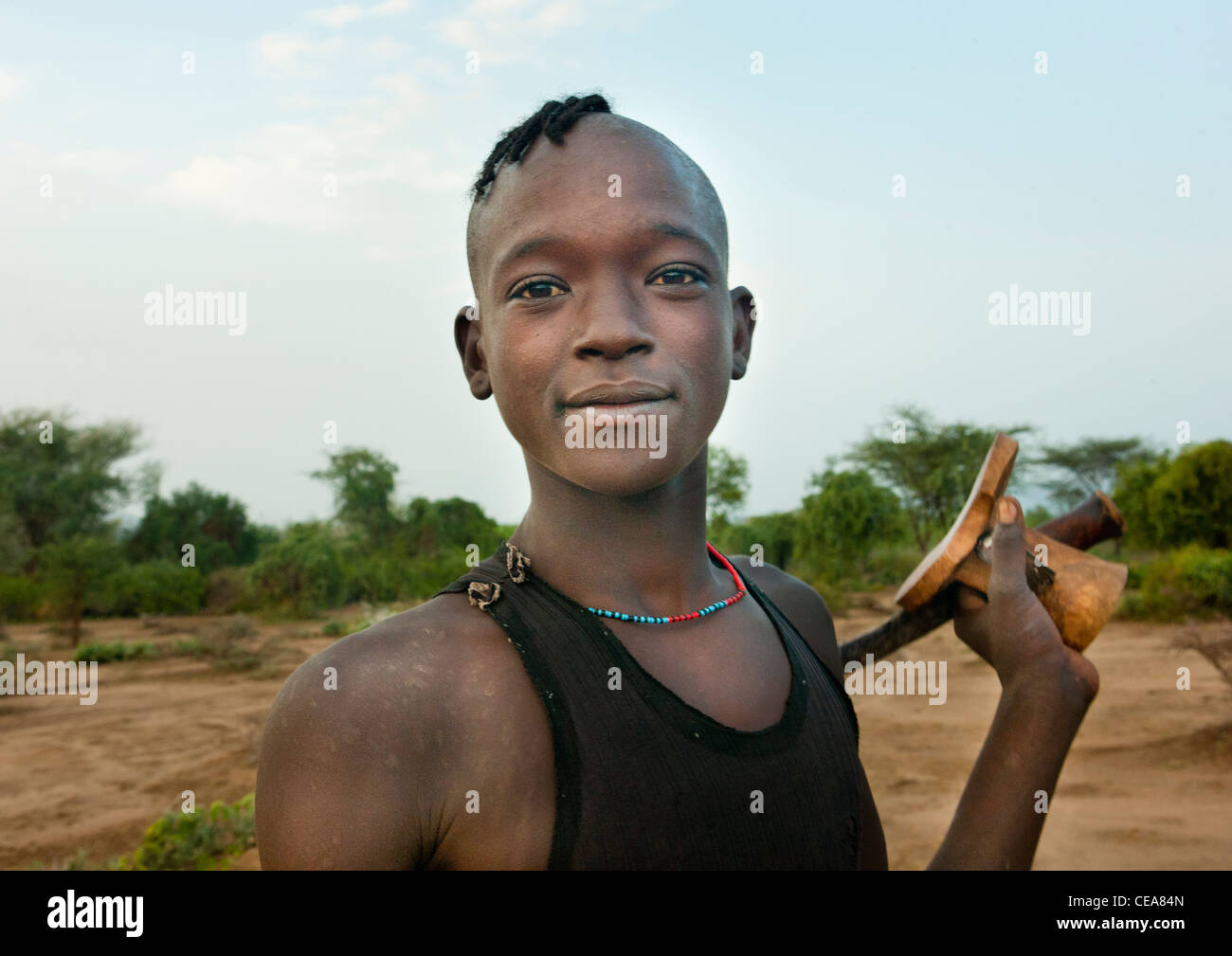 Bana Young Man Carrying Wooden Carved Headrest Omo Valley Ethiopia Stock Photo