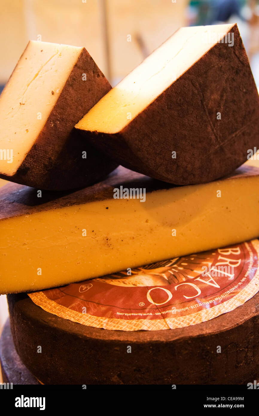 Borough Market London pile of Formaggio Ubriaco Italian hard cheese