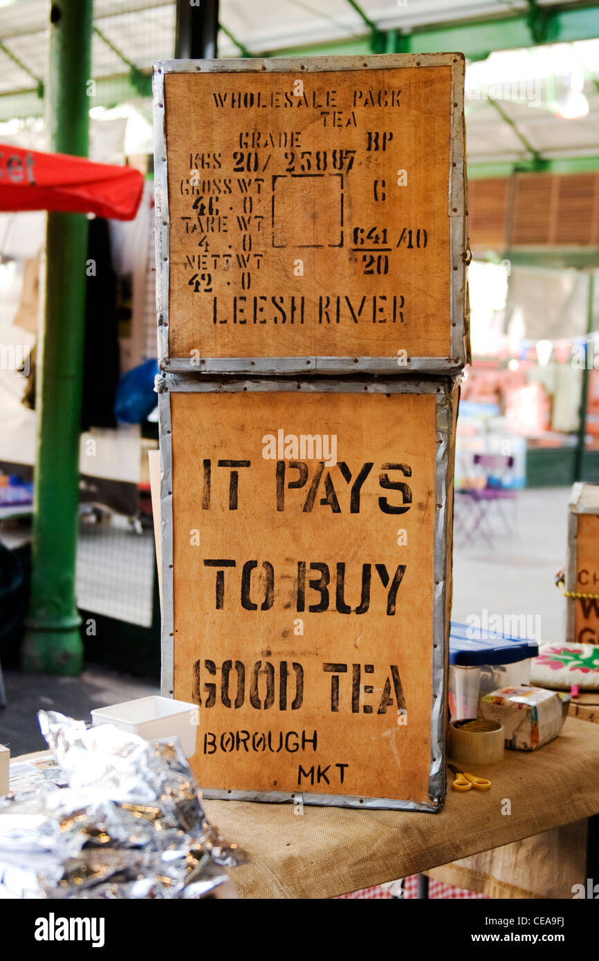 Borough Market London traditional old fashioned wooden tea chests with