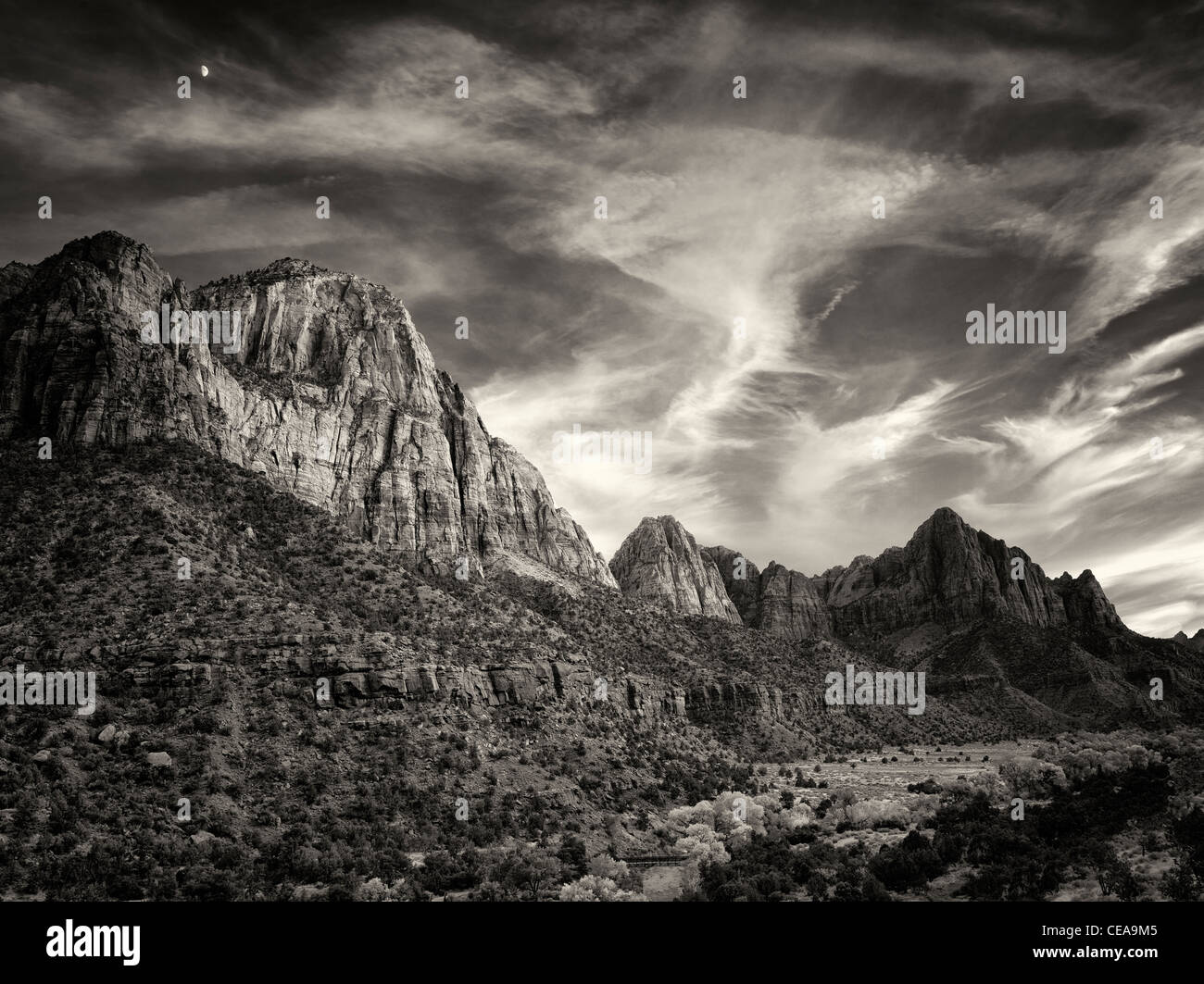 Sunset with The Watchman and Bridge Mountain,sunset and moon. Zion National Park, Utah Stock Photo