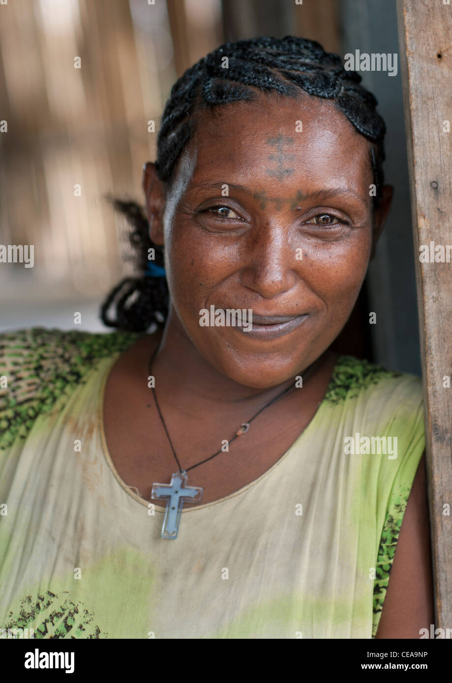 Tattooed Forehead Woman With A Christian Cross Pendant Ethiopia Stock