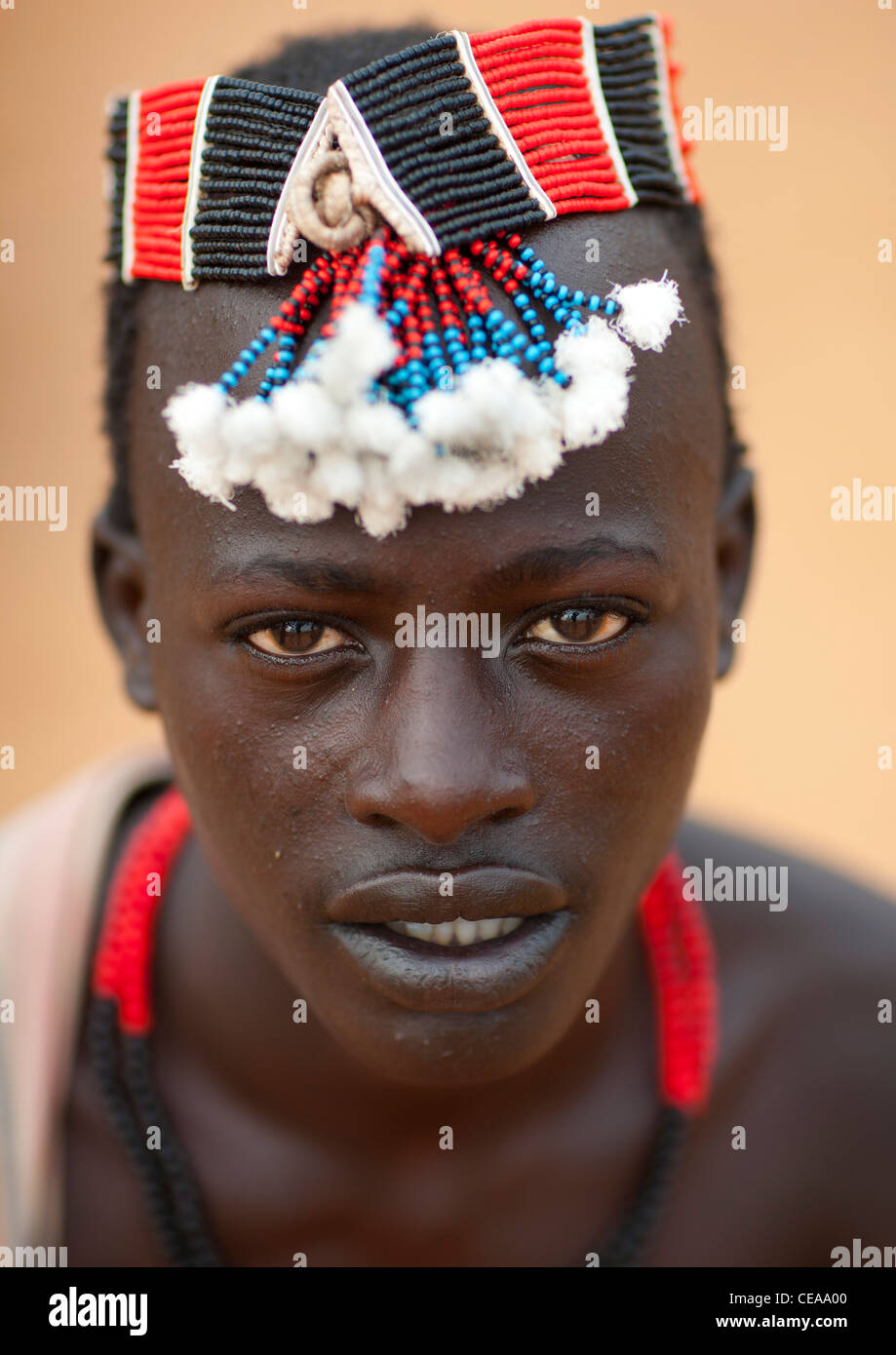 Hamer Man Portrait With Hat And Holding Headrest Omo Valley Ethiopia Stock Photo