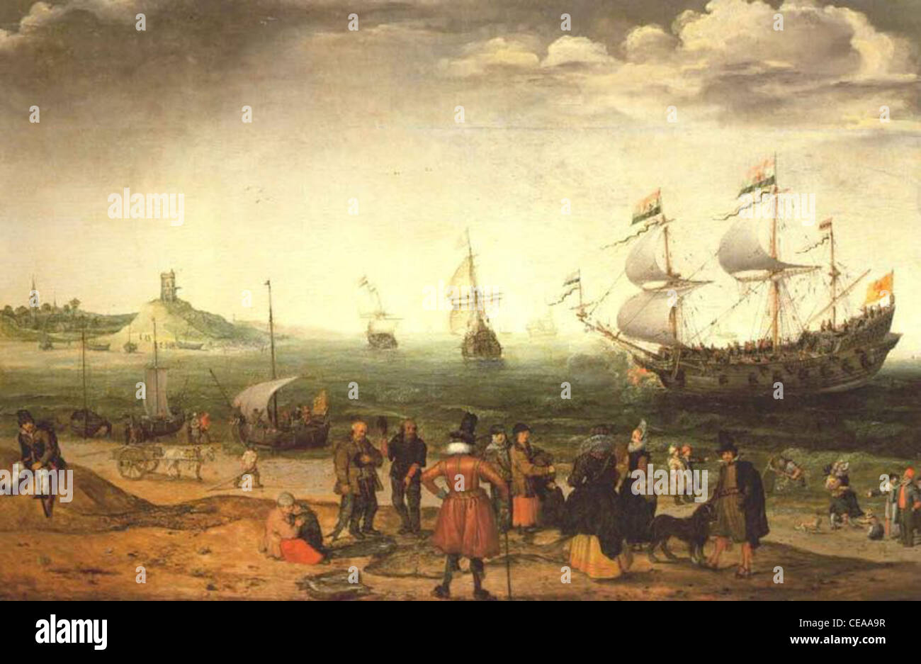 The painting Coastal Landscape with Ships by the Dutch painter Adam Willaerts (1577-1664). Oil on canvas, Collection of the Prince of Lichtenstein, Vaduz, year 1616. Stock Photo