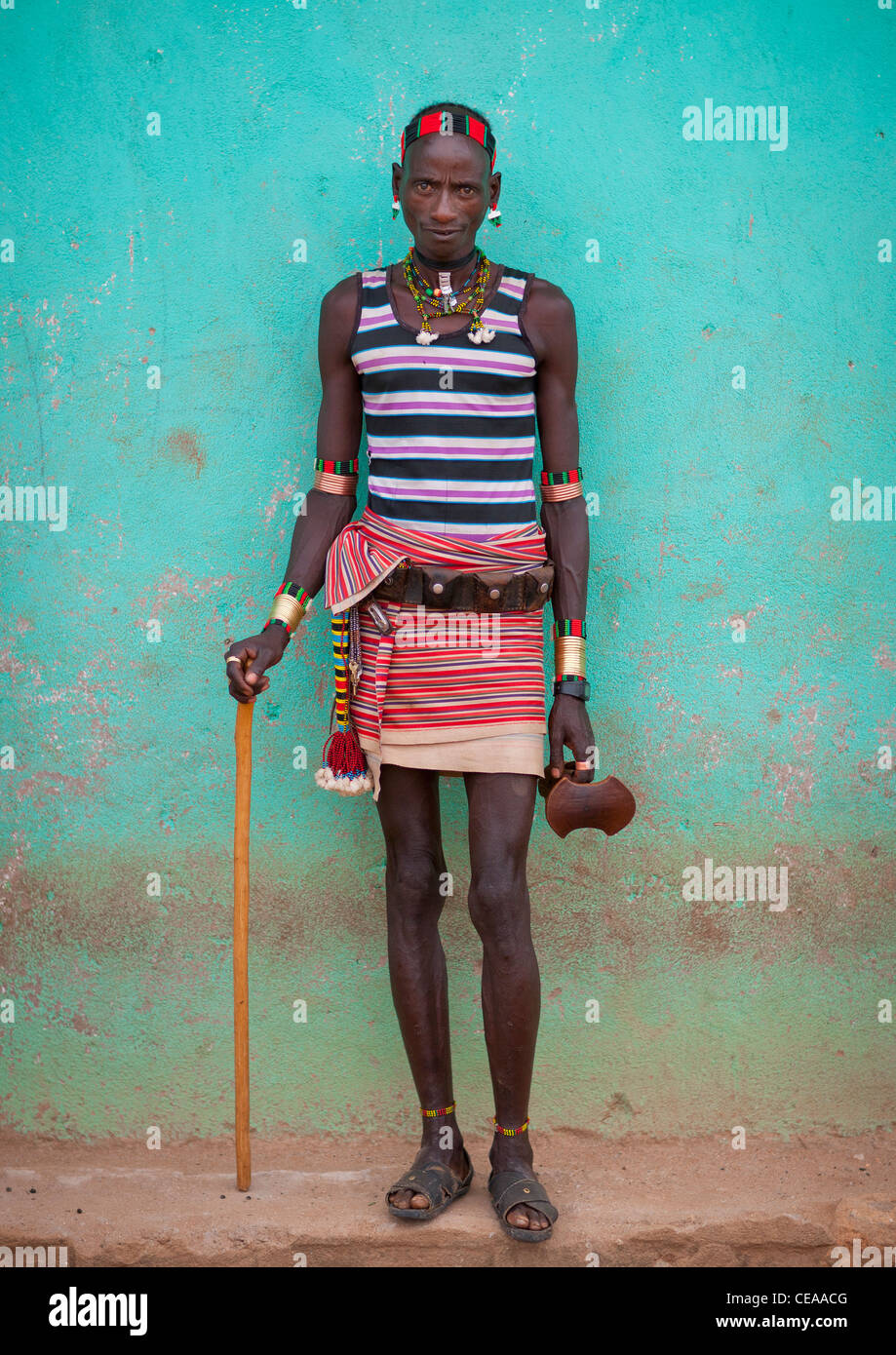 Hamer Man Traditionally Dressed In Turmi Village With Wood Stick And Headrest Omo Valley Ethiopia Stock Photo