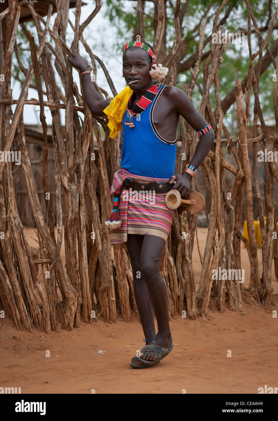 Standing Hamer Man With Siwak Stick And Headrest In Turmi Omo Valley Ethiopia Stock Photo