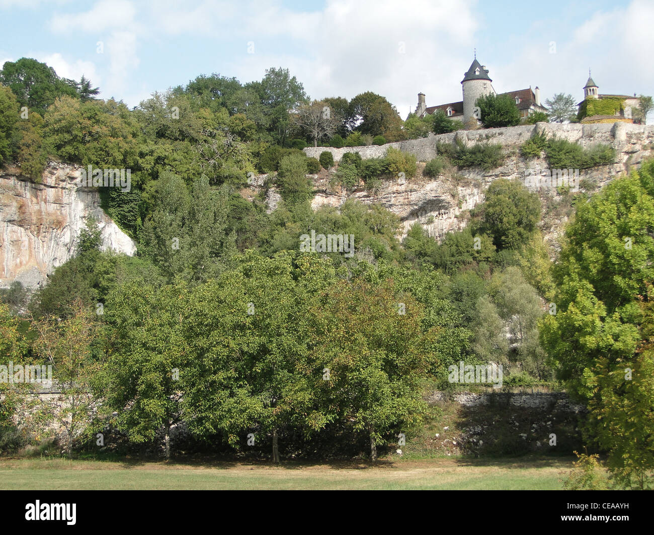 Chateau de Belcastel,  castle on a limestone bluff near Lacave , France Stock Photo