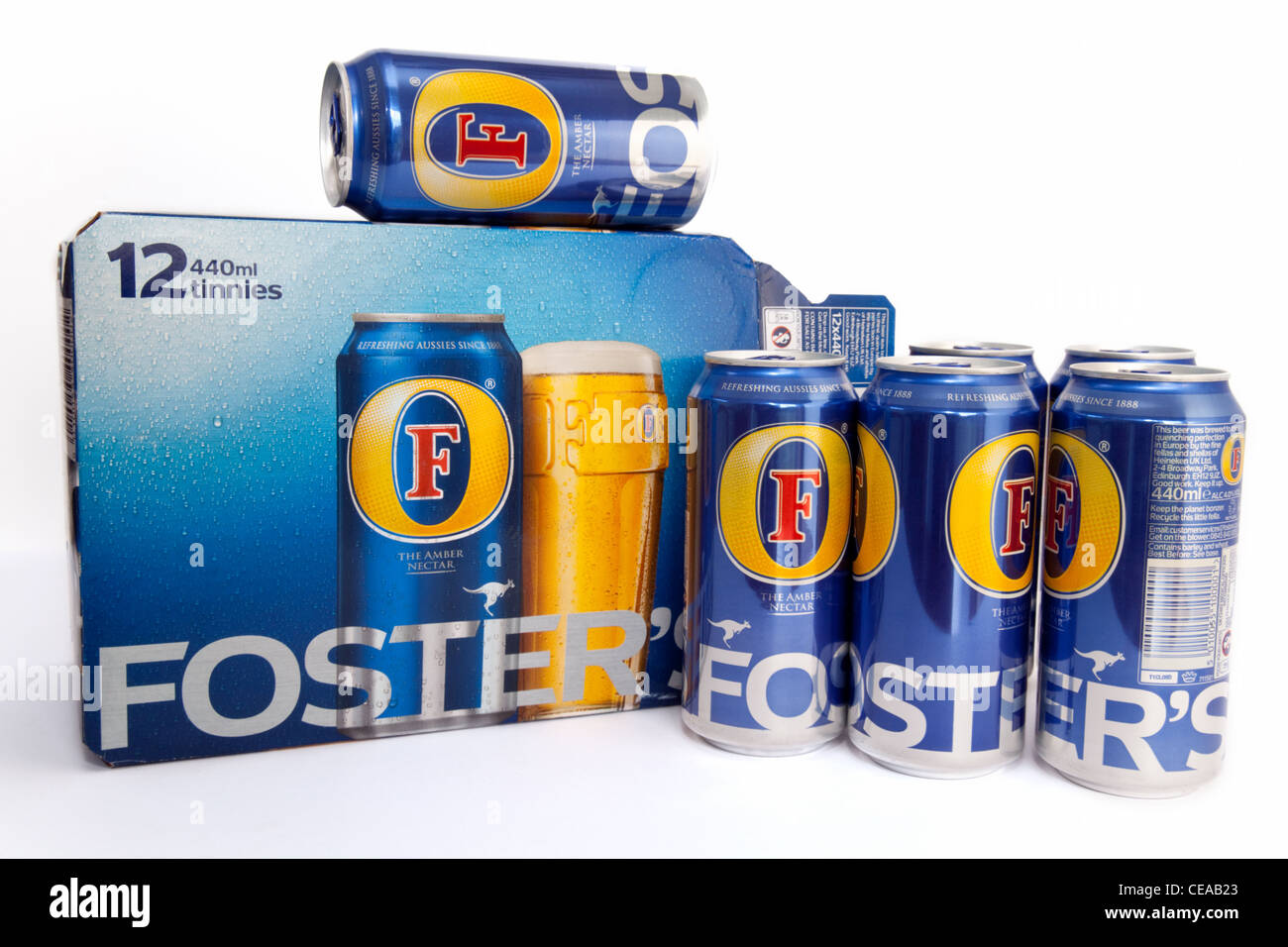 Fosters lager - box and cans Stock Photo