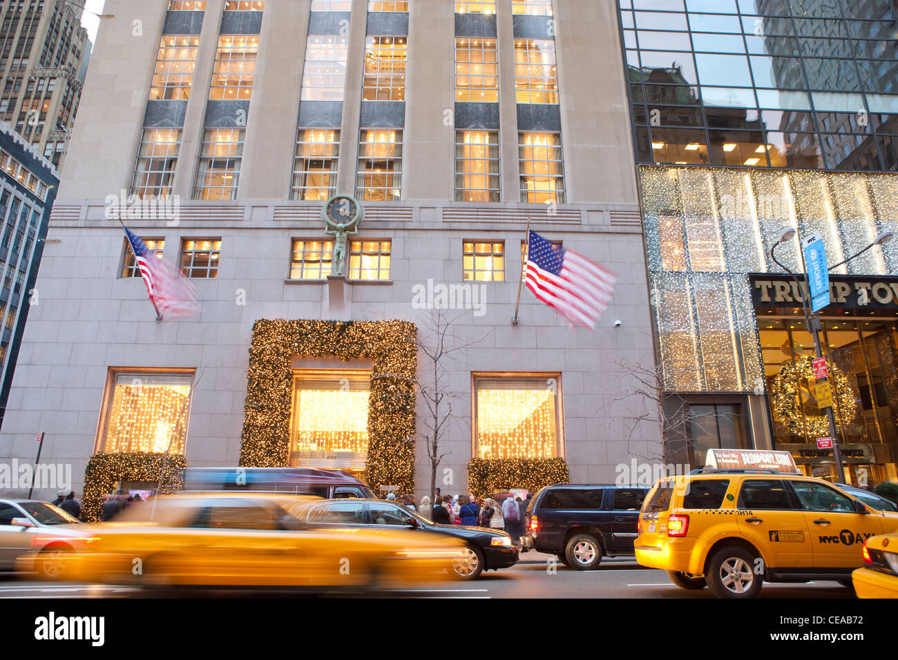 Tiffany & Co. and Trump Tower with  holiday decoration, Fifth Avenue, New York Stock Photo