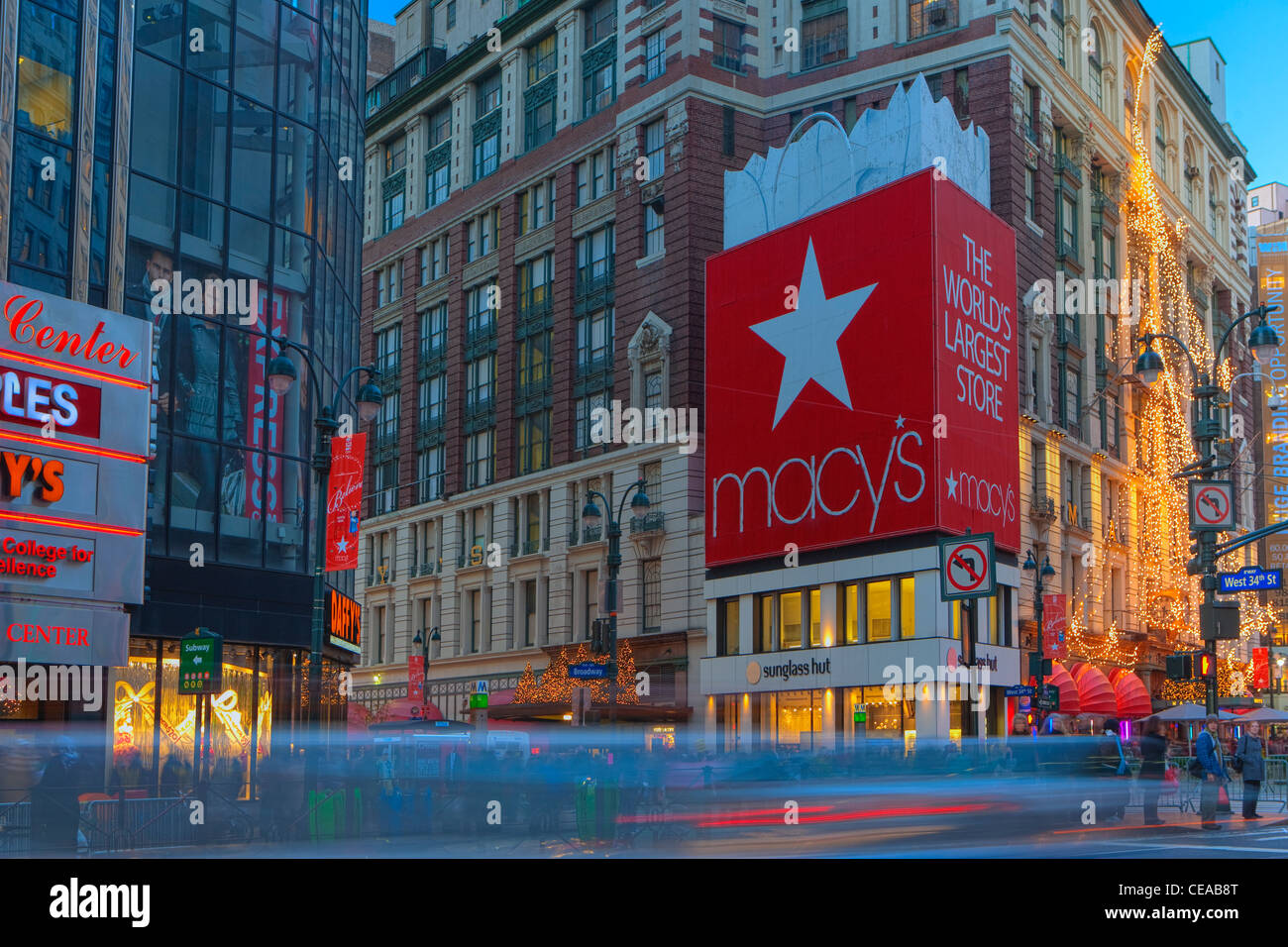 Traffic Blur in front of Macy's at Herald Square during the holidays shopping season Stock Photo