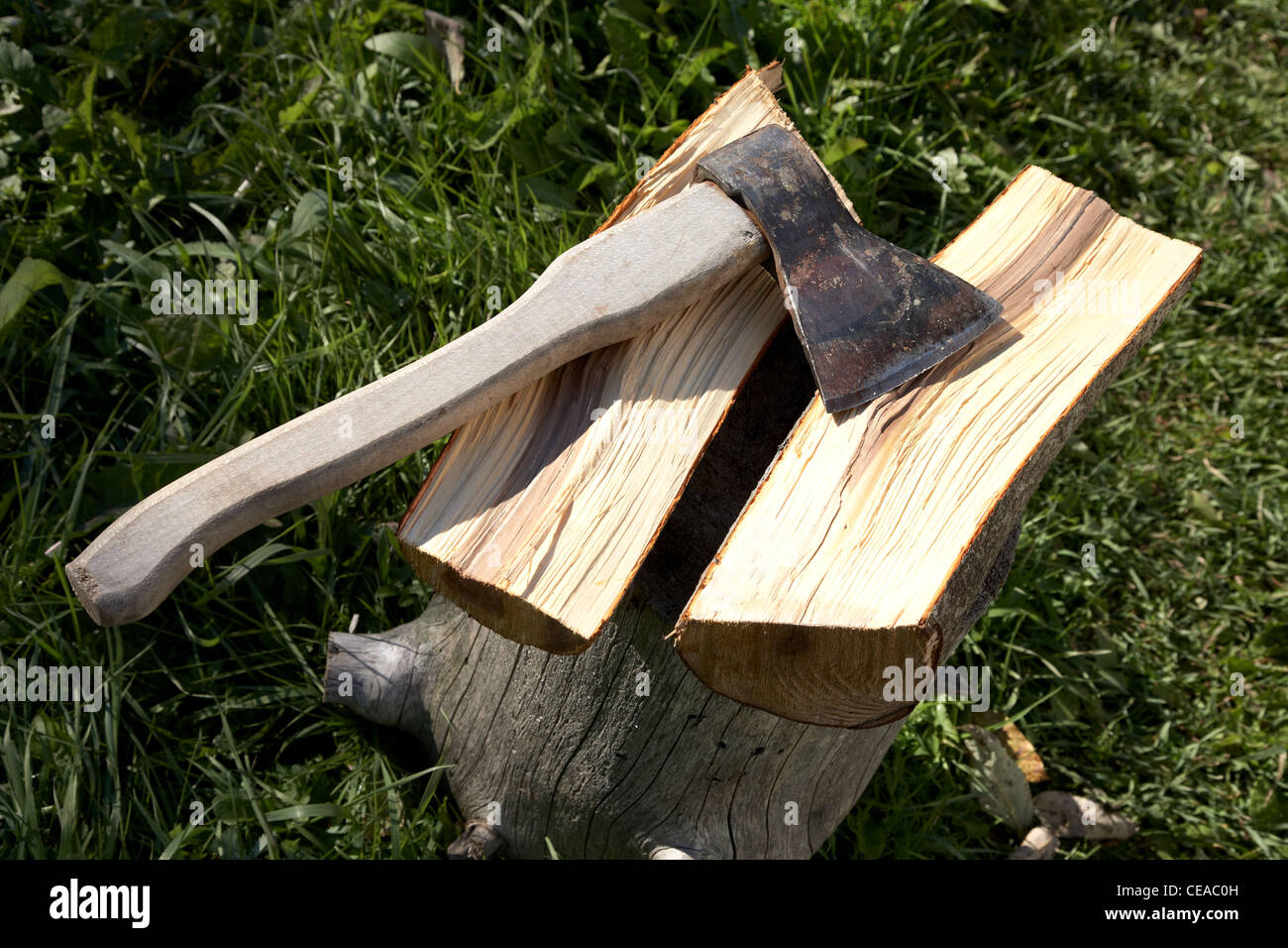 Axe with pack for cabin against a green grass Stock Photo