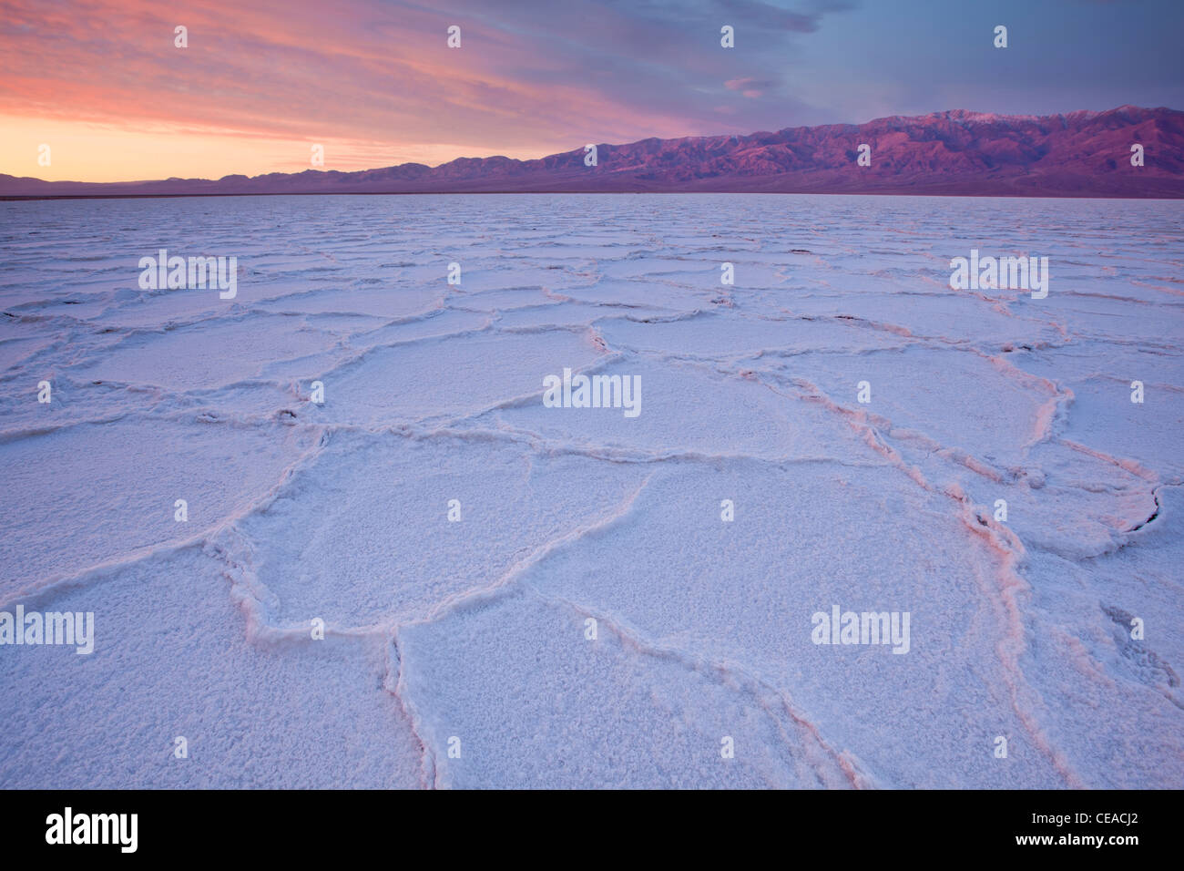 Sunrise over salt polygons and patterns at Badwater Salt Flats in Death ...