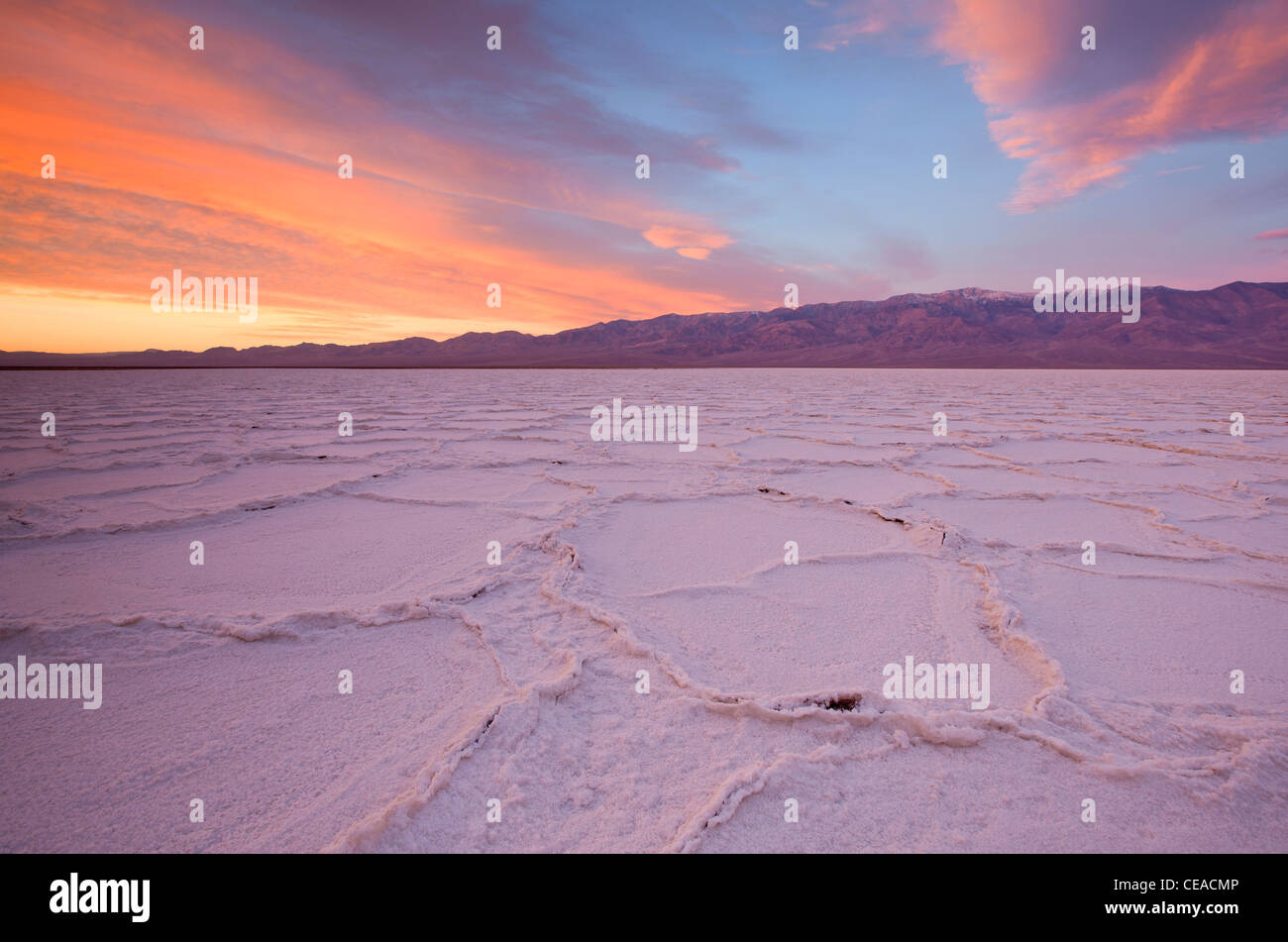 Sunrise over salt polygons and patterns at Badwater Salt Flats in Death ...