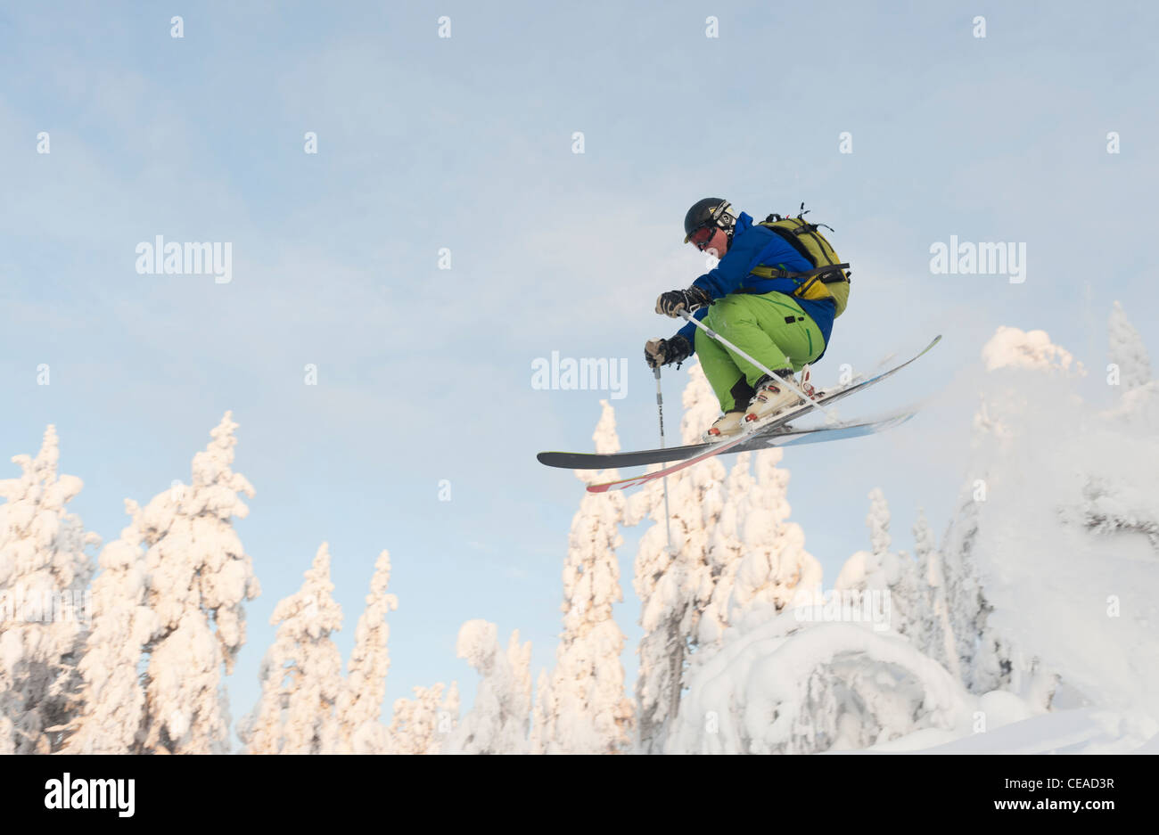 A freeskier jumping in Iso-Syöte, Finland Stock Photo