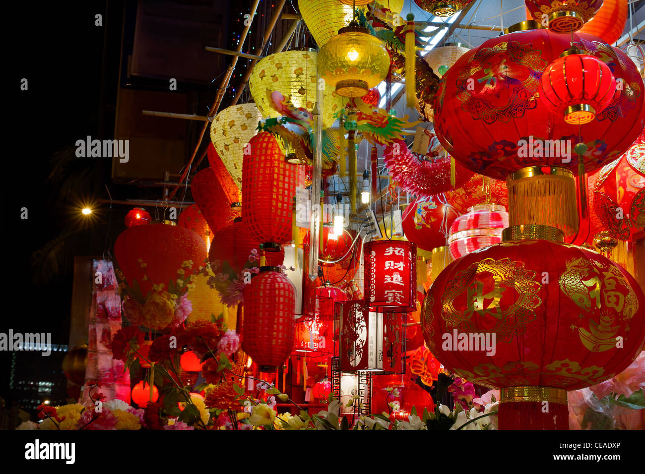 Chinese New Year Lanterns on Storefront along Street in Chinatown Stock Photo