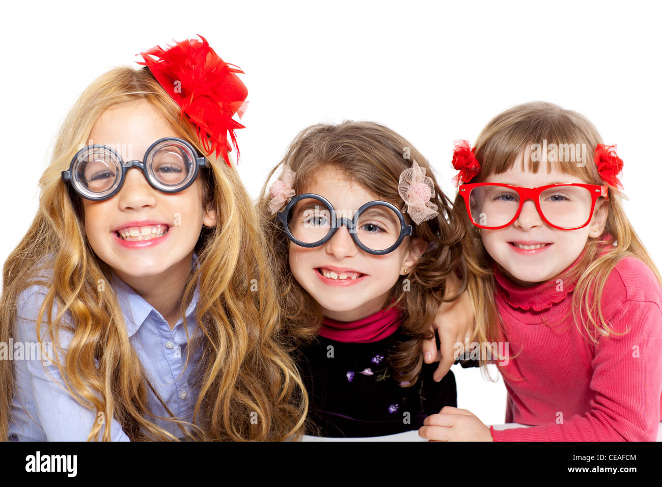 nerd children girl group with glasses and funny expression Stock Photo