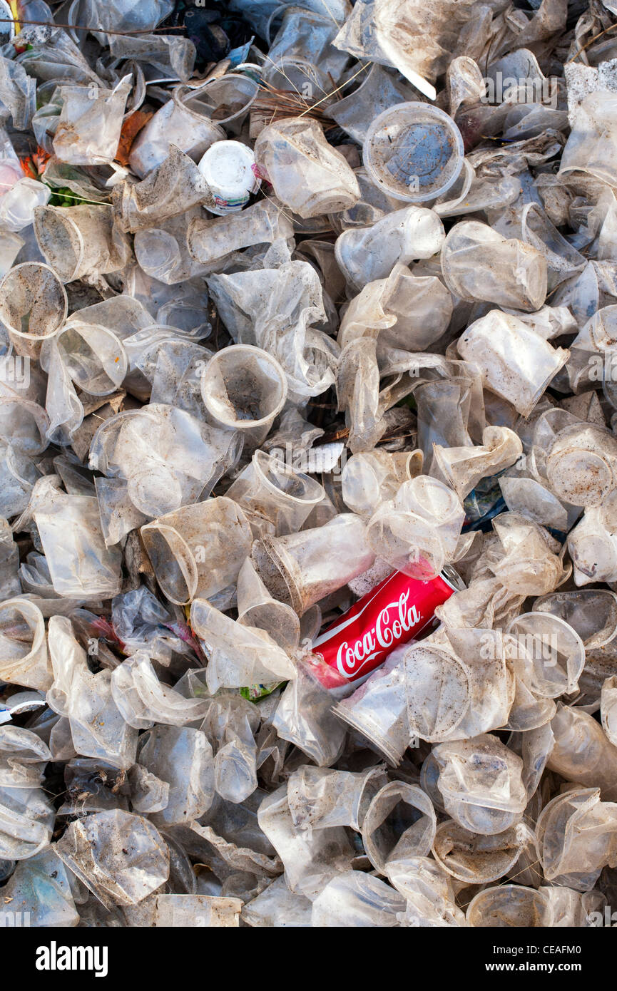 Discarded coca cola drinks can and plastic tea cups in the Indian countryside Stock Photo