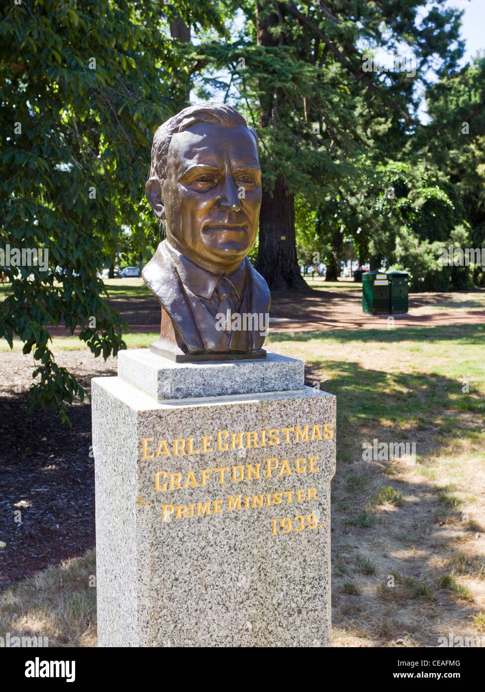 Bust of Prime Minister Earle Christmas Craft Page in the Ballarat Botanical Gardens. Stock Photo