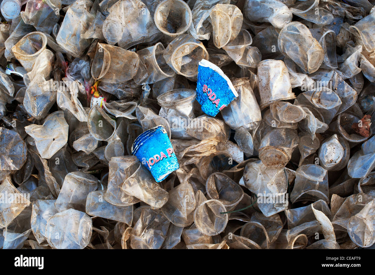 Discarded paper soda cups amongst plastic tea cups in the Indian countryside. Andhra Pradesh, India Stock Photo
