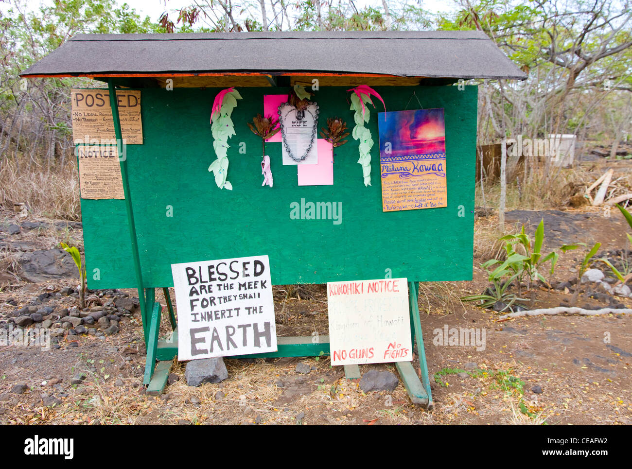 Sign, encampment of protesters seeking sovereignty, near Pahala, Big Island, Hawaii Stock Photo
