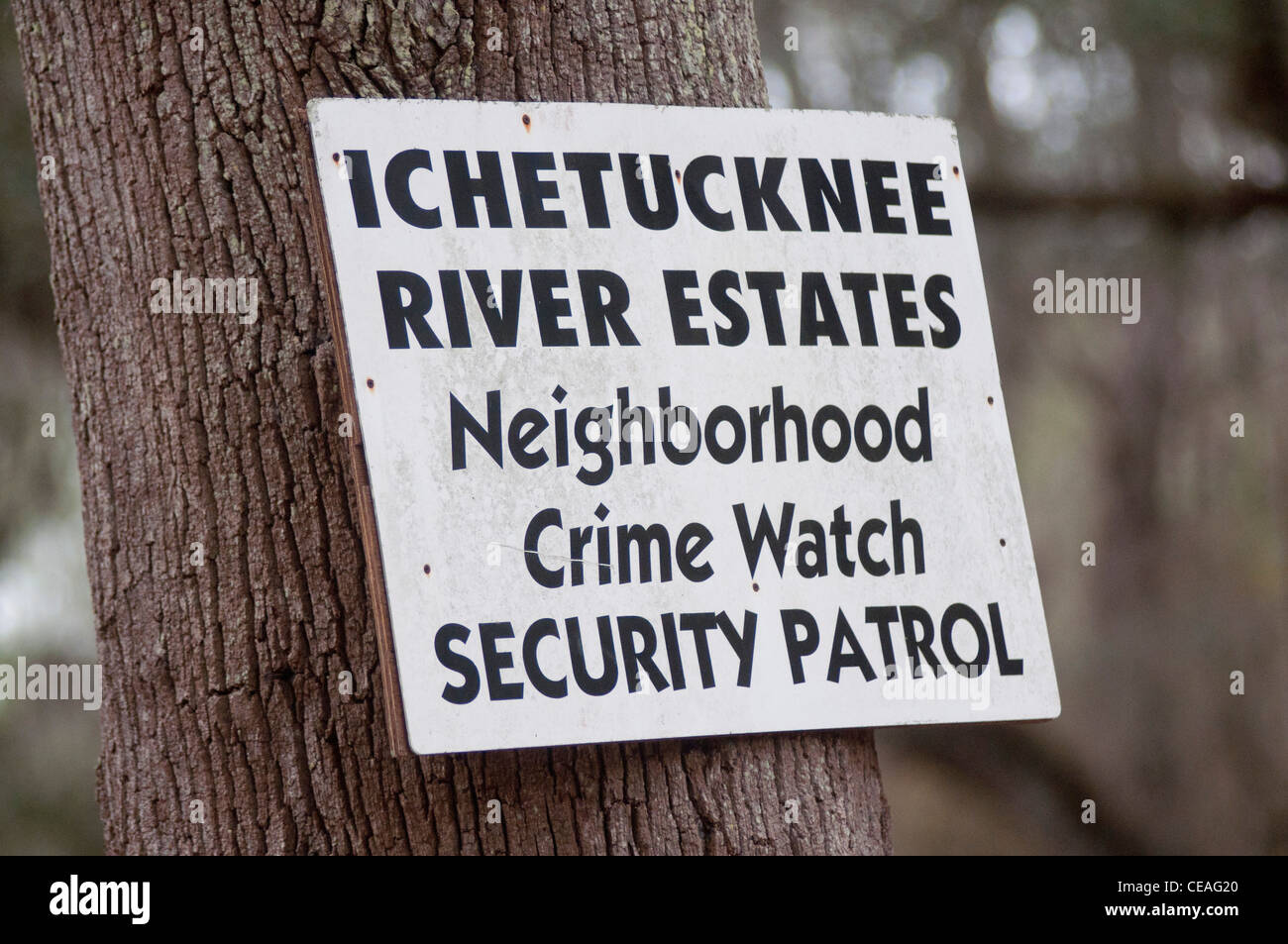 Ichetucknee river estates Neighborhood Crime Watch Security Patrol sign, Florida, United States, USA, tree Stock Photo